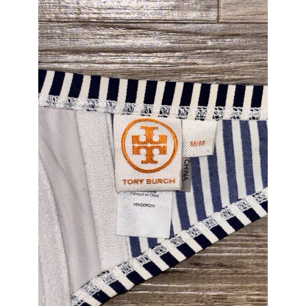 Tory Burch Wms Swim Bikini Top M Blue White Nautical Stripe Tie back Removeable - Picture 8 of 10